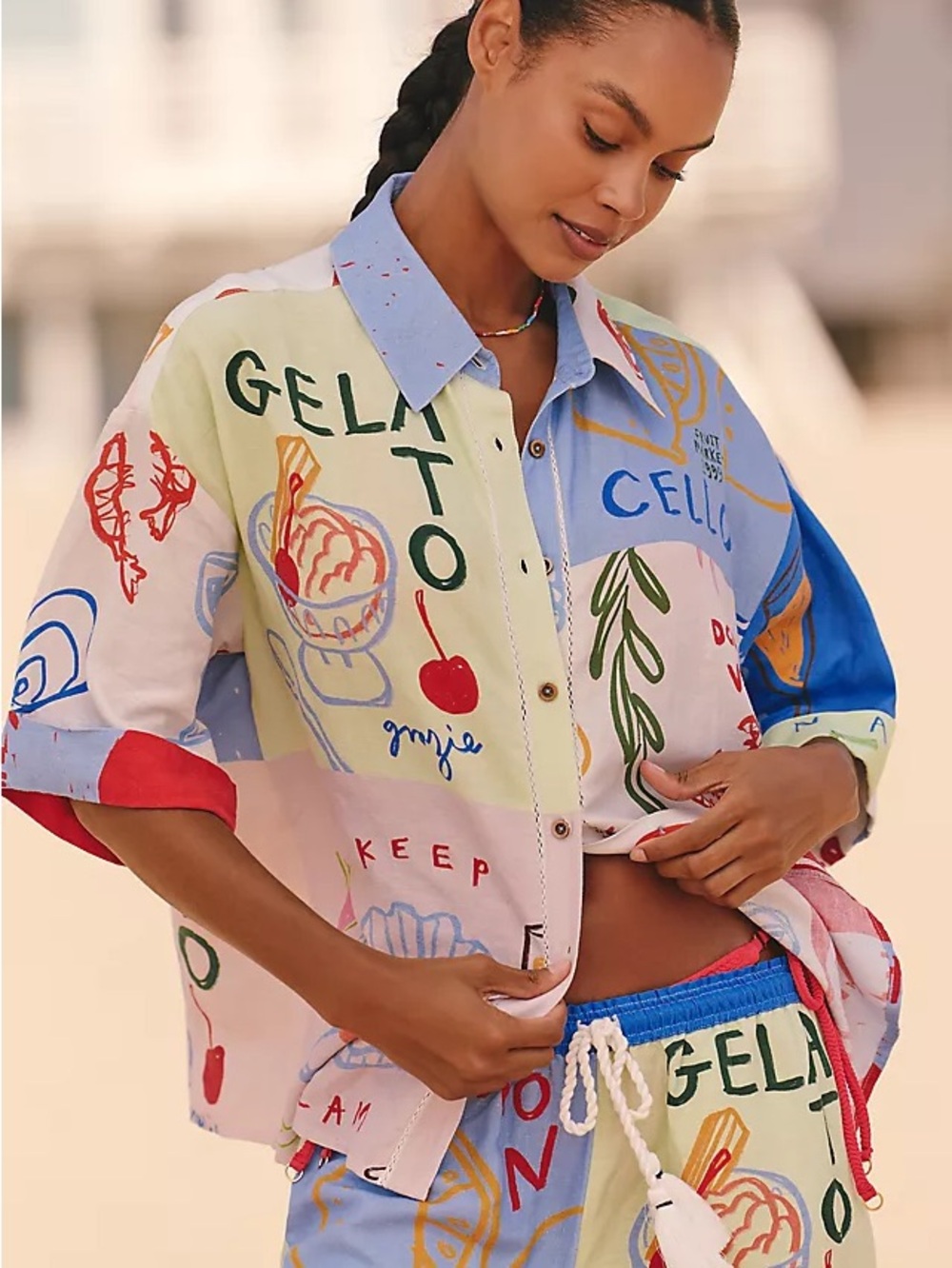 SET Celandine Jordan Nickson Linen Blend Block-Print Blouse Top and pants